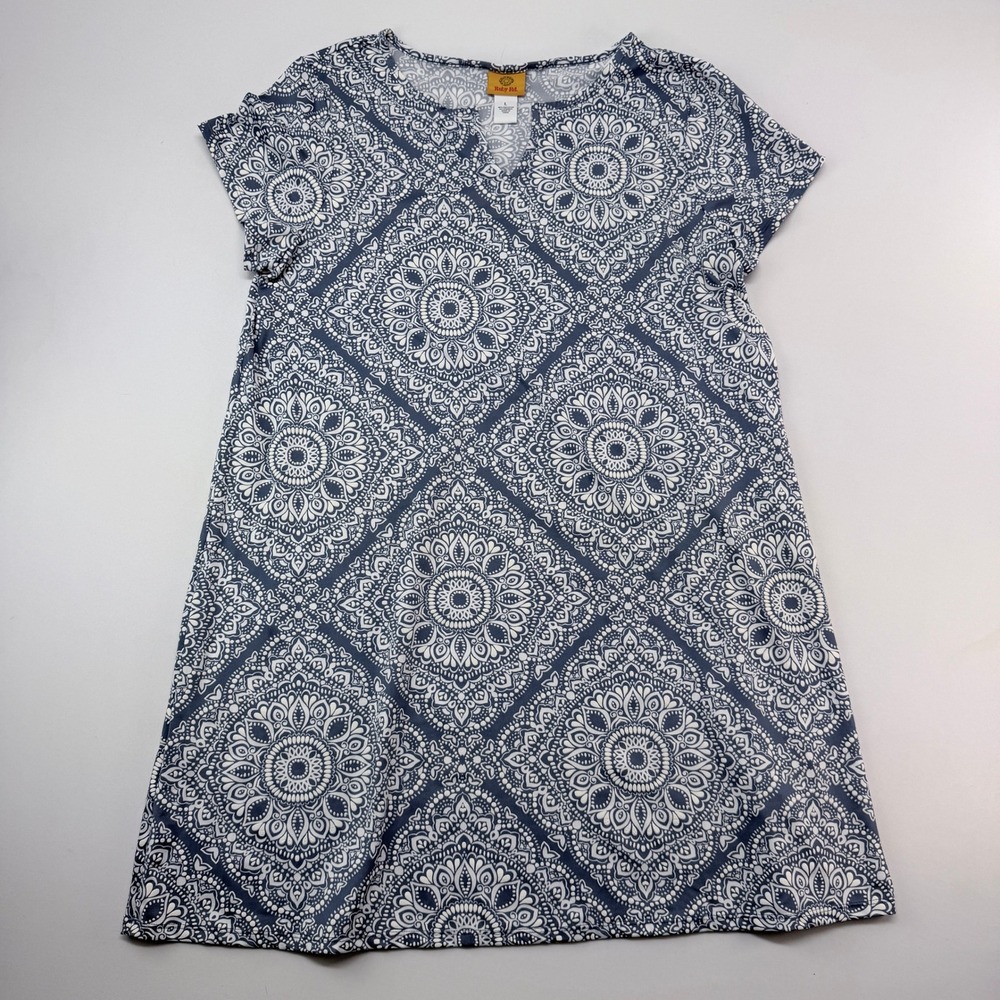 Ruby Rd Blue White Medallion Print Split Neck Short Sleeve Shift Dress Large